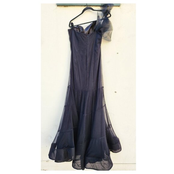 SHERRI HILL Black Tulle Trumpet Bow Sleeve Maxi Dress Gown - Picture 4 of 10